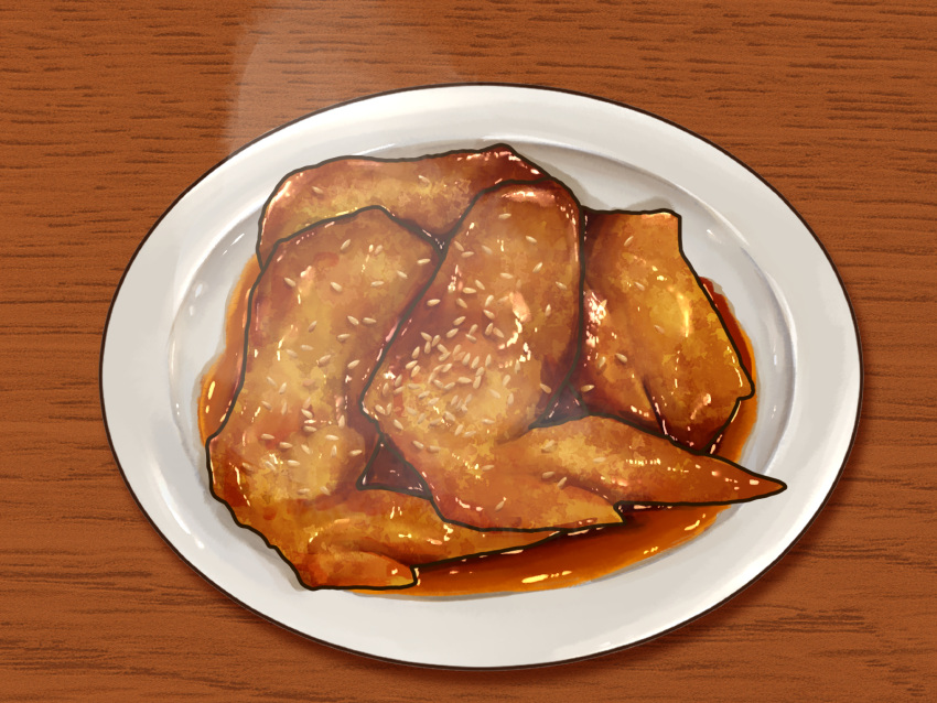 chicken_(food) food food_focus highres kaneko_ryou no_humans original plate sauce steam still_life table wooden_table