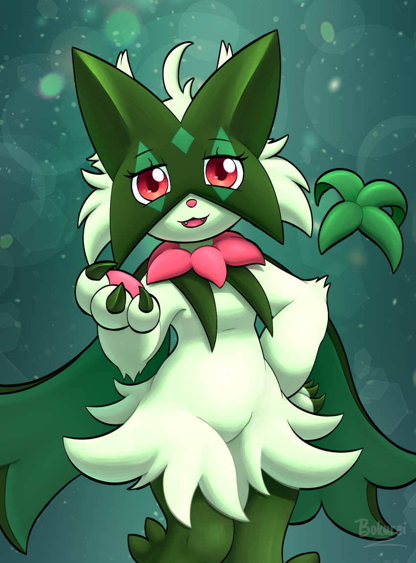 2023 anthro arm_tuft bokurei cheek_tuft claws cute_fangs elbow_tuft facial_tuft featureless_crotch felid feline female flower_(anatomy) front_view fur generation_9_pokemon green_background green_claws hand_on_hip hi_res knock-kneed lens_flare looking_at_viewer mammal meowscarada nintendo nude open_mouth open_smile particles pink_nose plant pokemon pokemon_(species) portrait pose pseudo_clothing red_eyes simple_background small_waist smile solo standing three-quarter_portrait tuft white_body white_fur wide_hips