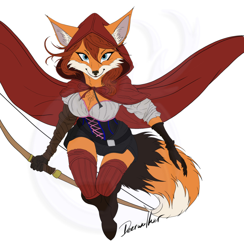 absolute_territory absurd_res anthro archer athletic belt boots bow_(weapon) breasts canid canine chest_tuft cleavage cloak clothed clothing corset deerwalker fangs female flat_colors fluffy fluffy_tail footwear fox hair hi_res hooded_cloak kittensnark leather legwear lingerie mammal ranged_weapon red_hair simple_background smile solo stockings tail teeth topwear tuft watermark weapon