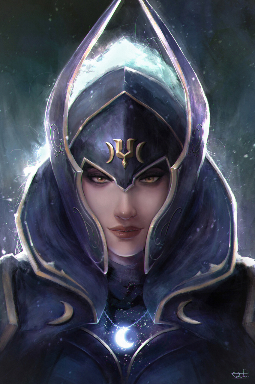 1girl absurdres armor close-up closed_mouth crescent dota_(series) dota_2 english_commentary eyeliner helmet highres lips looking_at_viewer luna_(dota) makeup razaras signature solo white_hair yellow_eyes