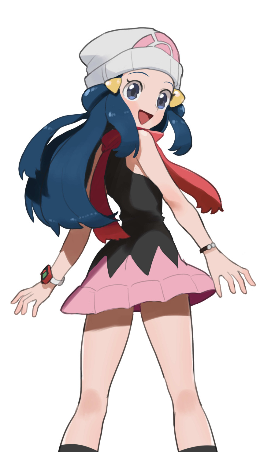 1girl :d absurdres baeming beanie black_hair black_shirt black_socks blue_eyes bracelet dawn_(pokemon) eyelashes hair_ornament hairclip hat highres jewelry long_hair looking_to_the_side open_mouth pink_skirt pokemon pokemon_dppt poketch red_scarf scarf shirt sidelocks skirt sleeveless sleeveless_shirt smile socks solo watch white_background wristwatch