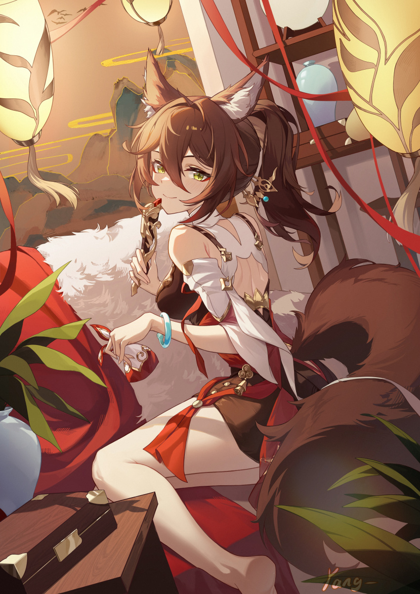 absurdres animal animal_ears brown_hair closed_mouth fox fox_ears fox_tail green_eyes highres honkai:_star_rail honkai_(series) looking_at_viewer no_shoes ponytail sitting smile soles string string_of_fate tail tingyun_(honkai:_star_rail) yang_(user_ewrd7445)