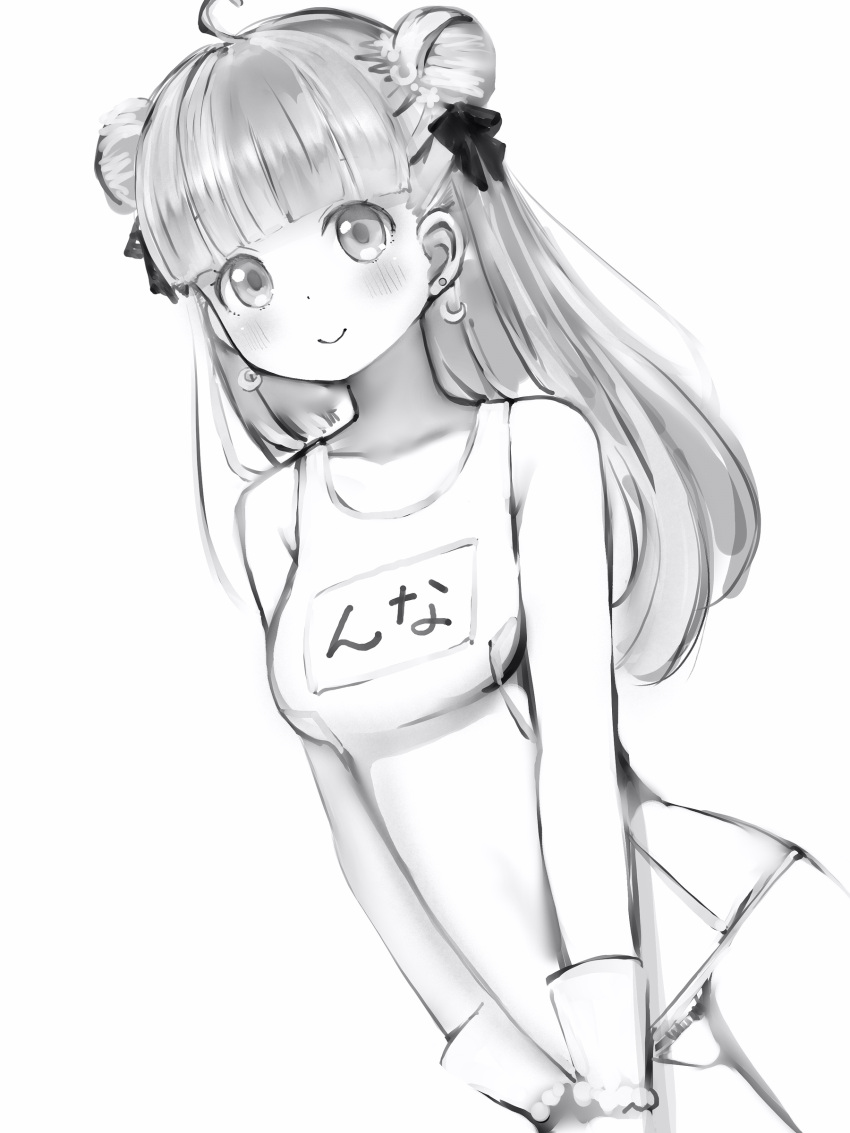 1girl absurdres ahoge bare_arms bare_shoulders blunt_bangs blush breasts collarbone cowboy_shot crescent crescent_earrings dot_nose double_bun earrings greyscale hair_bun hair_ribbon highres himemori_luna hololive jewelry long_hair looking_at_viewer medium_breasts monochrome name_tag nanashi_(nlo) old_school_swimsuit one-piece_swimsuit ribbon school_swimsuit simple_background smile solo swimsuit translated v_arms virtual_youtuber