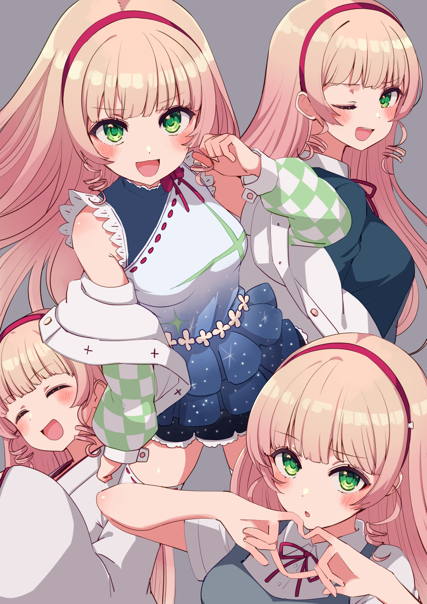 1girl absurdres birthday blonde_hair blush breasts closed_eyes cream_(nipakupa) green_eyes grey_background hairband hajimari_wa_kimi_no_sora heanna_sumire highres japanese_clothes long_hair looking_at_viewer love_live! love_live!_superstar!! medium_breasts miko multiple_views one_eye_closed red_hairband school_uniform smile upper_body yuigaoka_school_uniform