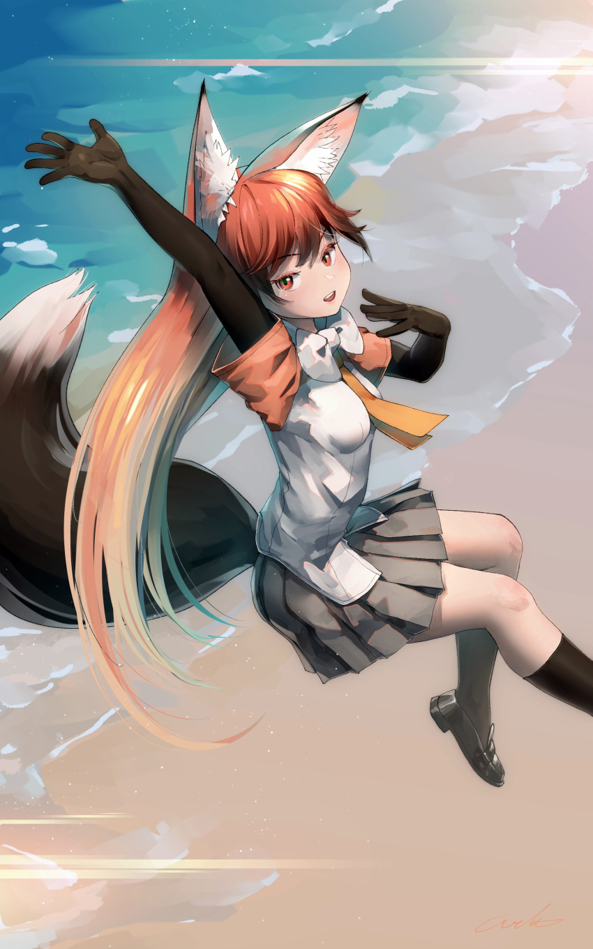 1girl :d absurdres animal_ear_fluff animal_ears arm_up bangs beach black_footwear black_gloves black_hair black_legwear bow bowtie breasts commentary elbow_gloves fox_ears fox_tail gloves gradient_hair highres kemono_friends kneehighs long_hair looking_at_viewer multicolored_hair necktie open_mouth orange_eyes orange_hair orange_neckwear pleated_skirt red_fox_(kemono_friends) shirt shoes short_sleeves signature skirt small_breasts smile solo tail very_long_hair water welt_(kinsei_koutenkyoku) white_neckwear white_shirt