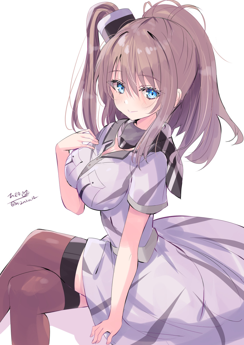 1girl absurdres anchor blue_eyes breast_pocket breasts brown_hair dress hair_between_eyes hair_ornament high_side_ponytail highres hizaka kantai_collection large_breasts long_hair looking_at_viewer neckerchief pocket ponytail red_neckerchief red_thighhighs saratoga_(kancolle) side_ponytail signature sitting smile smokestack smokestack_hair_ornament solo thighhighs white_background white_dress