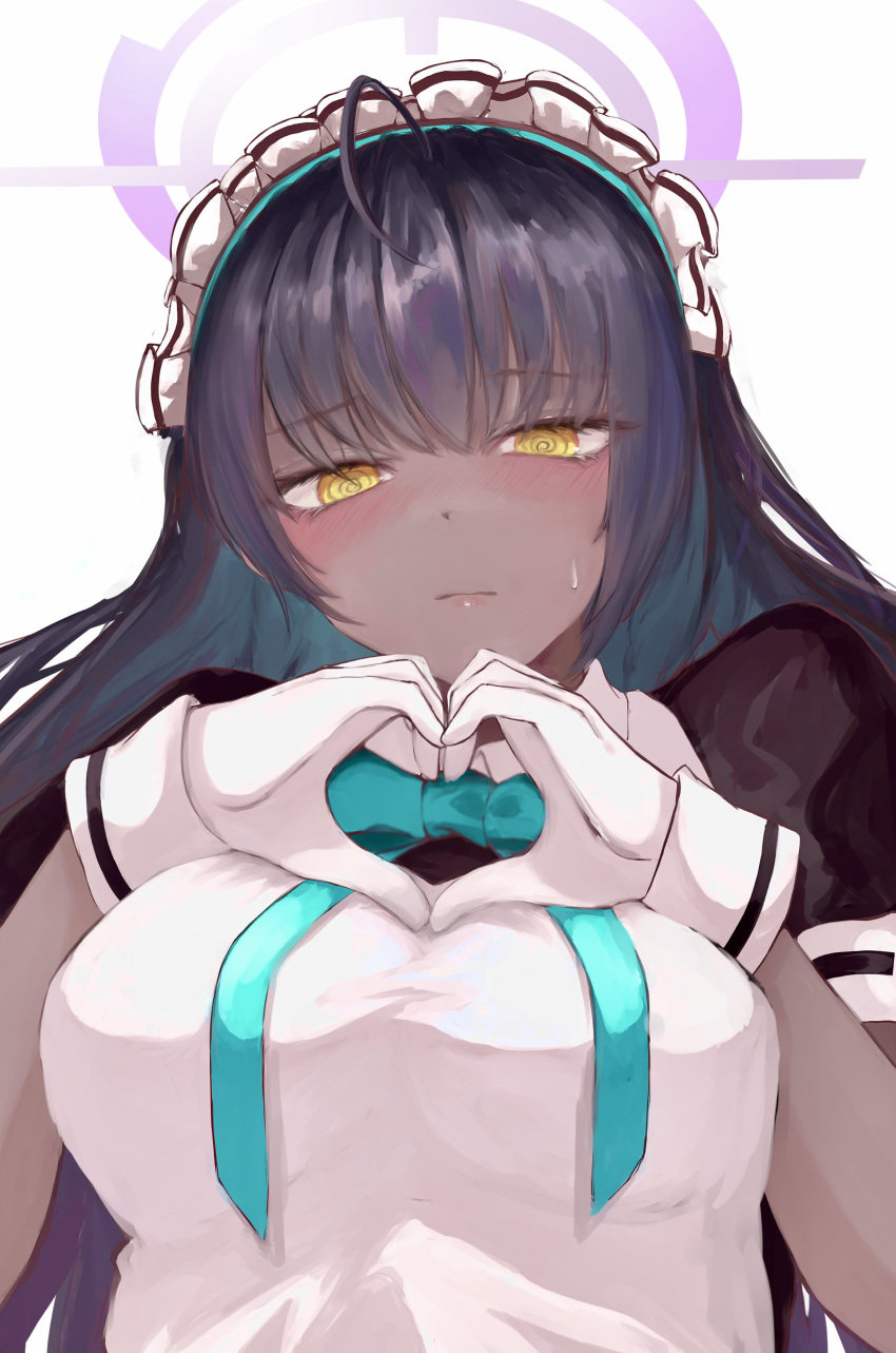 1girl @_@ absurdres ahoge apron black_hair blue_archive blue_ribbon blush breast_suppress breasts closed_mouth dark-skinned_female dark_skin gloves halo heart heart_hands highres karin_(blue_archive) long_hair maid_apron maid_headdress multicolored_hair neck_ribbon pink_lips puffy_short_sleeves puffy_sleeves purple_hair purple_halo ribbon short_sleeves simple_background solo suzukano_pon sweatdrop upper_body white_background white_gloves yellow_eyes