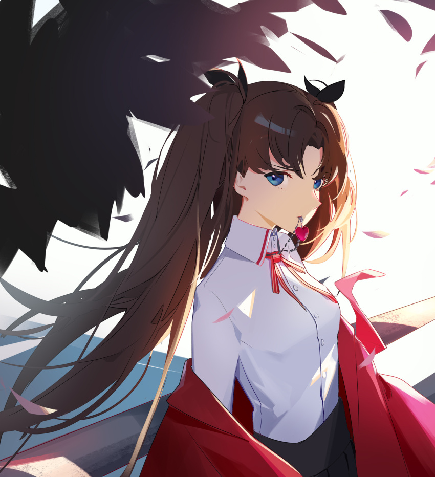 1girl absurdres acr_(dash) bangs black_ribbon black_skirt blue_eyes coat collared_shirt falling_leaves fate/stay_night fate_(series) floating_hair hair_ribbon highres jacket jewelry leaf leaning_on_rail long_hair long_sleeves looking_at_viewer mouth_hold neck_ribbon necklace off_shoulder pendant red_coat red_jacket red_neckwear red_ribbon ribbon shade shadow shirt shirt_tucked_in skirt solo tohsaka_rin twintails two_side_up upper_body white_shirt