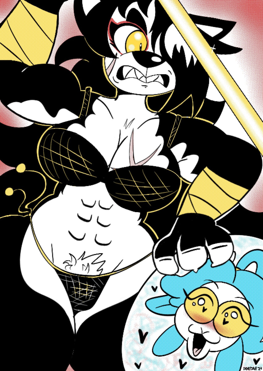 &lt;3 2024 4_fingers abs anthro arm_wraps biceps big_breasts bikini black_body black_fur black_hair blue_hair blush bovid breasts canid canine canis caprine cleavage clenched_teeth clothed clothing domestic_dog duo duskyjay female fingers fur hachimitsu hair hair_over_eye hi_res mammal muscular muscular_female one_eye_obstructed open_mouth pubes scar sheep shep_(anaugi) signature simple_background swimwear teeth white_body white_fur wraps yellow_eyes