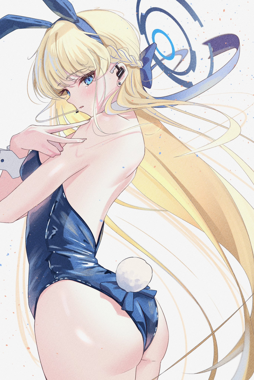 1girl animal_ears ass blonde_hair blue_archive blue_bow blue_eyes blue_hair blue_halo blue_leotard blush bow braid commentary cowboy_shot curvy earpiece earrings eyelashes fake_animal_ears fake_tail floating_hair french_braid from_side hair_bow halo hand_up headset highres jewelry kazu15752 leotard long_hair looking_at_viewer multicolored_hair parted_lips playboy_bunny profile rabbit_ears rabbit_tail simple_background solo strapless strapless_leotard streaked_hair stud_earrings tail toki_(blue_archive) toki_(bunny)_(blue_archive) tsurime v very_long_hair white_background white_wrist_cuffs wrist_cuffs