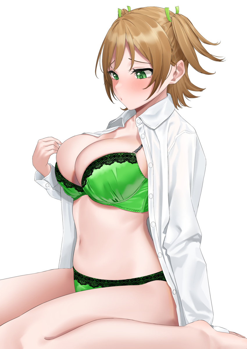 1girl absurdres arm_at_side barefoot blush bra breasts buttons collared_shirt commentary_request commission daiba_nana dress_shirt from_side green_bra green_eyes green_panties green_ribbon hair_ribbon hand_up highres knees_out_of_frame lace-trimmed_bra lace-trimmed_panties lace_trim large_breasts light_brown_hair long_sleeves looking_at_self looking_down navel no_pants open_clothes open_shirt panties parted_lips raised_eyebrows ribbon shinonome_shake shirt short_hair short_twintails shoujo_kageki_revue_starlight simple_background sitting skeb_commission solo stomach twintails underwear wariza white_background white_shirt