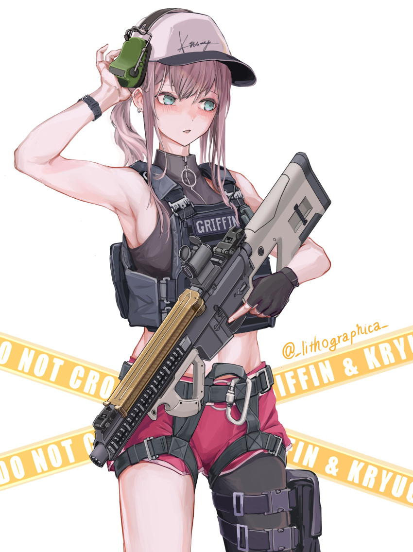 1girl absurdres ar-57 ar-57_(girls'_frontline) armpits bangs bare_shoulders baseball_cap black_shirt blue_eyes breasts commentary cowboy_shot crop_top dolphin_shorts ear_piercing ear_protection eyebrows fingerless_gloves girls'_frontline gloves grifon_&amp;_kryuger gun hair_between_eyes hat highres holding holding_weapon lithographica long_hair midriff piercing pink_hair ponytail shirt shorts sideboob single_glove single_leg_pantyhose sleeveless sleeveless_shirt solo tactical_clothes tank_top trigger_discipline twitter_username watch weapon white_background wristwatch