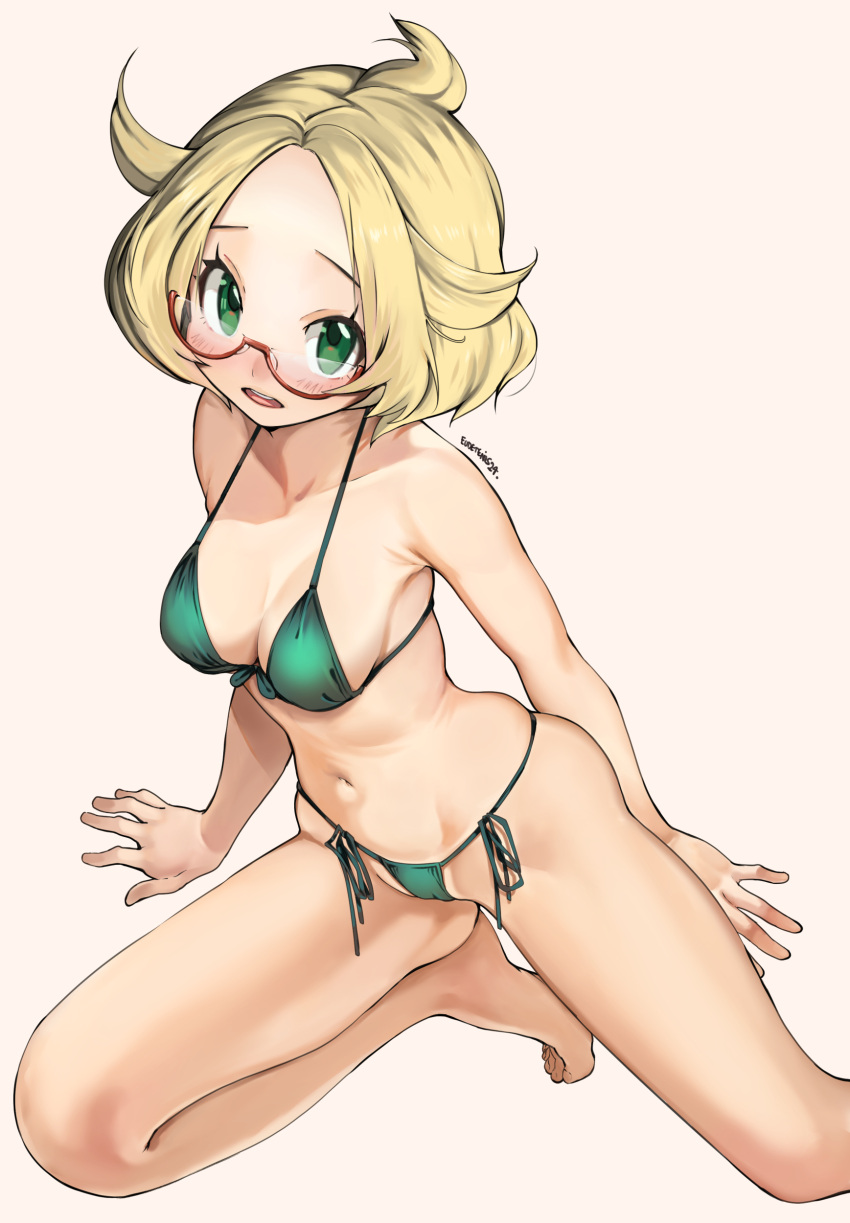 1girl absurdres alternate_costume barefoot bianca_(pokemon) bikini blonde_hair blush breasts clip_studio_paint_(medium) commentary_request eudetenis eyelashes glasses green_bikini green_eyes highres looking_at_viewer navel pokemon pokemon_bw2 red-framed_eyewear semi-rimless_eyewear short_hair simple_background solo swimsuit toes white_background