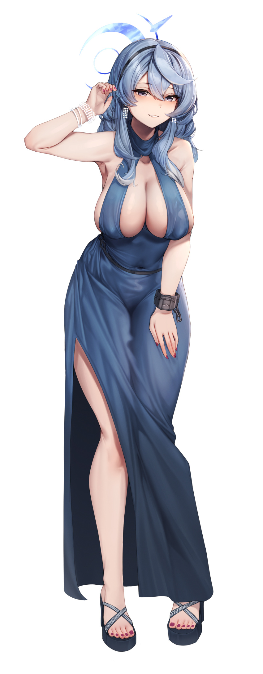 1girl absurdres ako_(blue_archive) ako_(dress)_(blue_archive) armpits black_hairband blue_archive blue_eyes blue_hair blue_halo blush breasts cleavage cuffs dress full_body hair_between_eyes hairband halo handcuffs highres large_breasts long_hair looking_at_viewer mung_(larnec) official_alternate_costume open_mouth sideboob simple_background sleeveless sleeveless_dress smile solo white_background