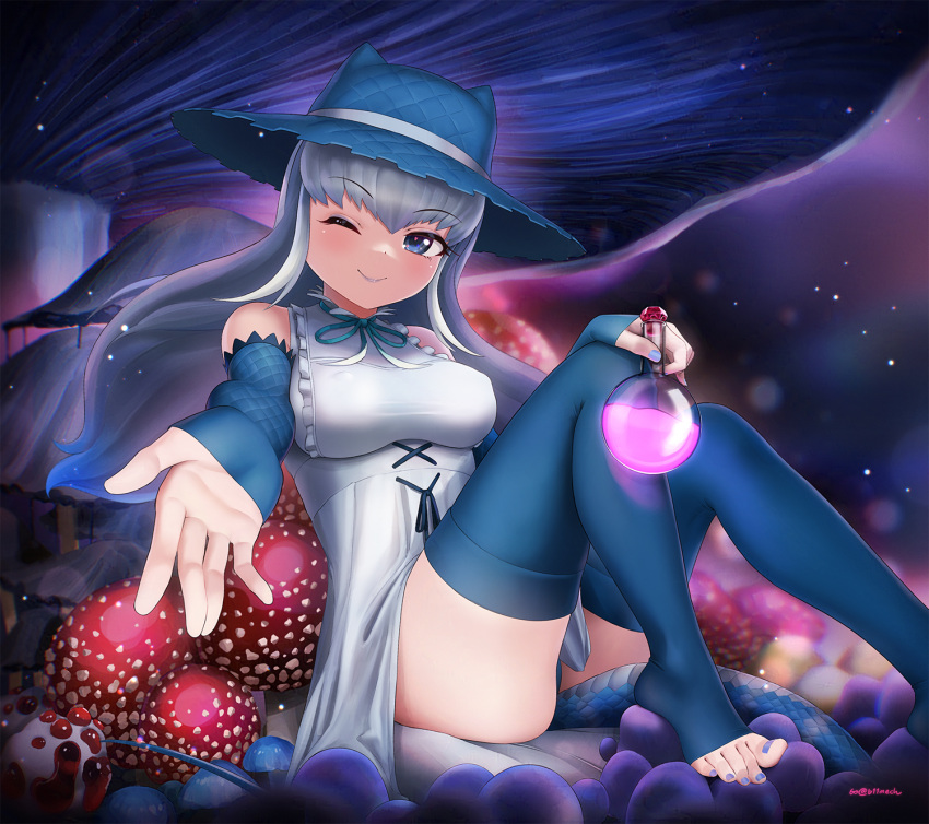 1girl bare_shoulders beleven blue_bow blue_bowtie blue_eyes blue_hair blue_headwear blue_lips blue_nails blue_sleeves blue_theme blush bow bowtie collar detached_sleeves dress frilled_collar frilled_dress frills grey_hair hair_between_eyes hat highres kemono_friends kemono_friends_3 komodo_dragon_(kemono_friends) lizard_tail long_hair looking_at_viewer multicolored_hair mushroom nail_polish no_shoes official_alternate_costume potion reptile_girl scales sidelocks smile solo sun_hat sundress tail toeless_legwear white_dress white_hair zettai_ryouiki