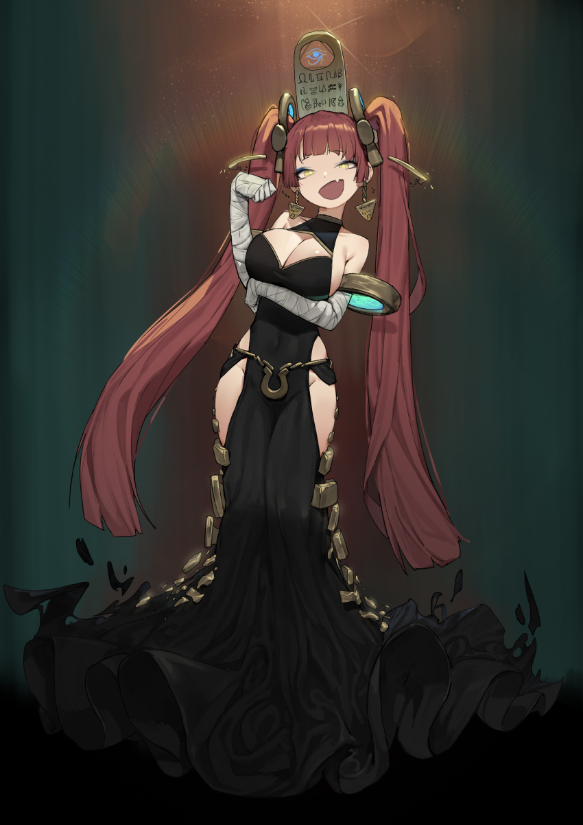 1girl :d absurdres bandaged_arm bandages bare_shoulders black_dress breasts brown_hair cleavage commentary covered_navel dress earrings egyptian_mythology fang groin hair_ornament highres horus jewelry long_hair looking_at_viewer open_mouth romana smile solo twintails very_long_hair yellow_eyes
