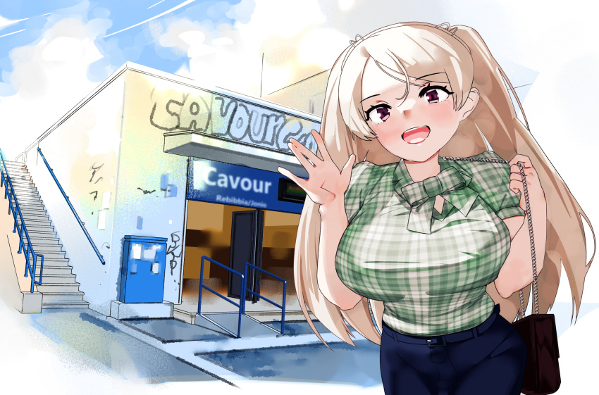 1girl blue_pants blue_sky breasts brown_eyes cloud commentary_request conte_di_cavour_(kancolle) day denim green_shirt grey_hair highres igarashi_mangou jeans kantai_collection large_breasts long_hair name_connection object_namesake outdoors pants plaid plaid_shirt shirt sky solo stairs two_side_up waving