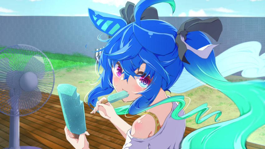1girl ahoge animal_ears aqua_hair black_ribbon blue_eyes blue_hair blue_sky cloud cloudy_sky commentary_request commission crossed_bangs day eating electric_fan fang food from_behind hair_ribbon heterochromia holding holding_food holding_popsicle horse_ears horse_girl horse_tail kirimmitsu long_hair looking_at_viewer looking_back multicolored_hair off_shoulder outdoors partial_commentary popsicle purple_eyes ribbon shirt shirt_straps sidelocks skeb_commission sky solo sweat tail twin_turbo_(umamusume) twintails two-tone_hair umamusume very_long_hair white_shirt wind wooden_floor