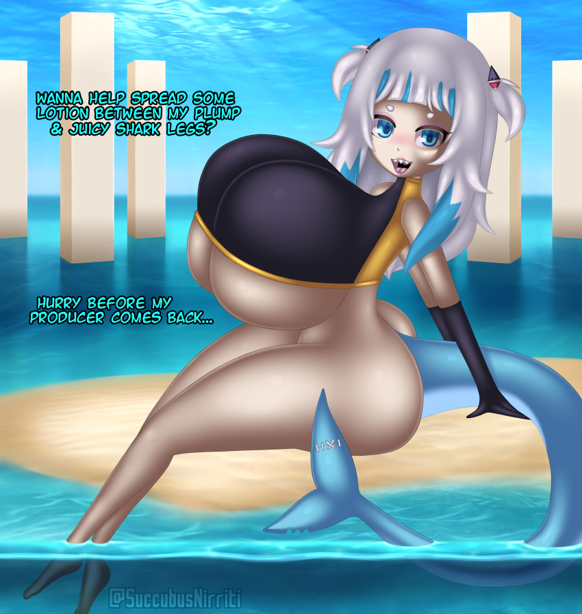 absurd_res animal_humanoid beach big_breasts big_butt blue_tail blush breasts bubble_butt butt cleavage clothed clothing curvy_figure dialogue digital_drawing_(artwork) digital_media_(artwork) english_text feet female female_focus fish fish_humanoid gawr_gura gloves hair handwear hi_res hololive hololive_en hourglass_figure huge_breasts huge_butt huge_thighs humanoid long_hair mammal mammal_humanoid marine marine_humanoid mostly_nude nirriti open_mouth pillars sand seaside shaded shark_girl shark_humanoid shark_tail shark_teeth skimpy solo spandex spandex_clothing stitch_(sewing) tail talking_to_viewer text thick_thighs tight_clothing under_boob vtuber water white_hair wide_hips