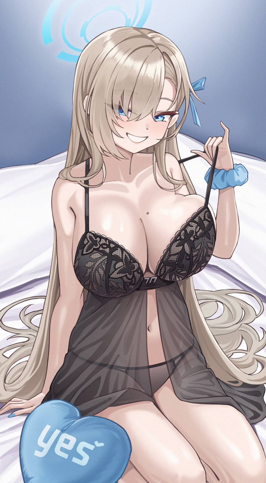 1girl asuna_(blue_archive) black_bra black_panties blue_archive blue_eyes blue_halo blue_ribbon blue_scrunchie blush bra breasts collarbone grin hair_ribbon halo heart heart-shaped_pillow highres large_breasts light_brown_hair lingerie long_hair looking_at_viewer mole mole_on_breast o-los panties pillow ribbon scrunchie smile solo underwear wrist_scrunchie