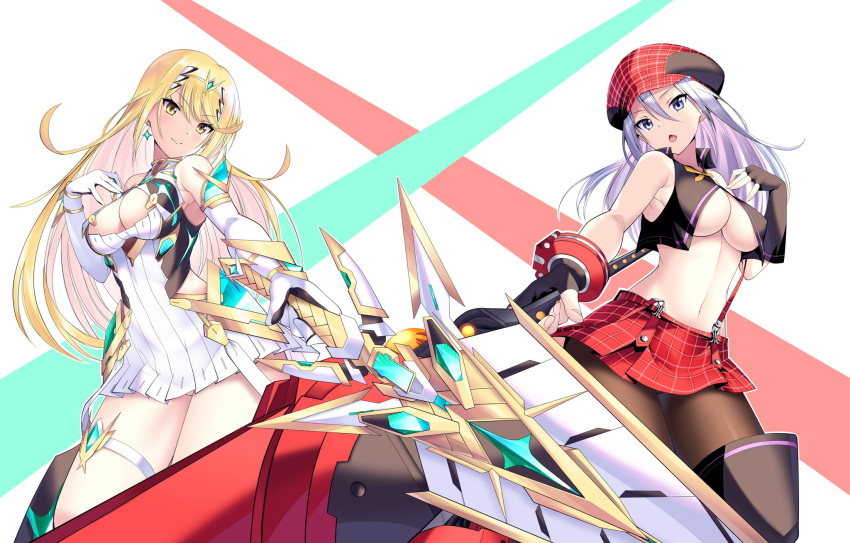 1girl aegis_sword_(xenoblade) alisa_ilinichina_amiella bangs bare_legs bare_shoulders blonde_hair breasts cabbie_hat chest_jewel cleavage cleavage_cutout clothing_cutout crossover daive dress earrings elbow_gloves gloves god_eater hat highres huge_weapon jewelry large_breasts long_hair mythra_(xenoblade) pantyhose short_dress skirt solo suspender_skirt suspenders swept_bangs thigh_strap tiara underboob very_long_hair weapon white_dress white_gloves xenoblade_chronicles_(series) xenoblade_chronicles_2 yellow_eyes