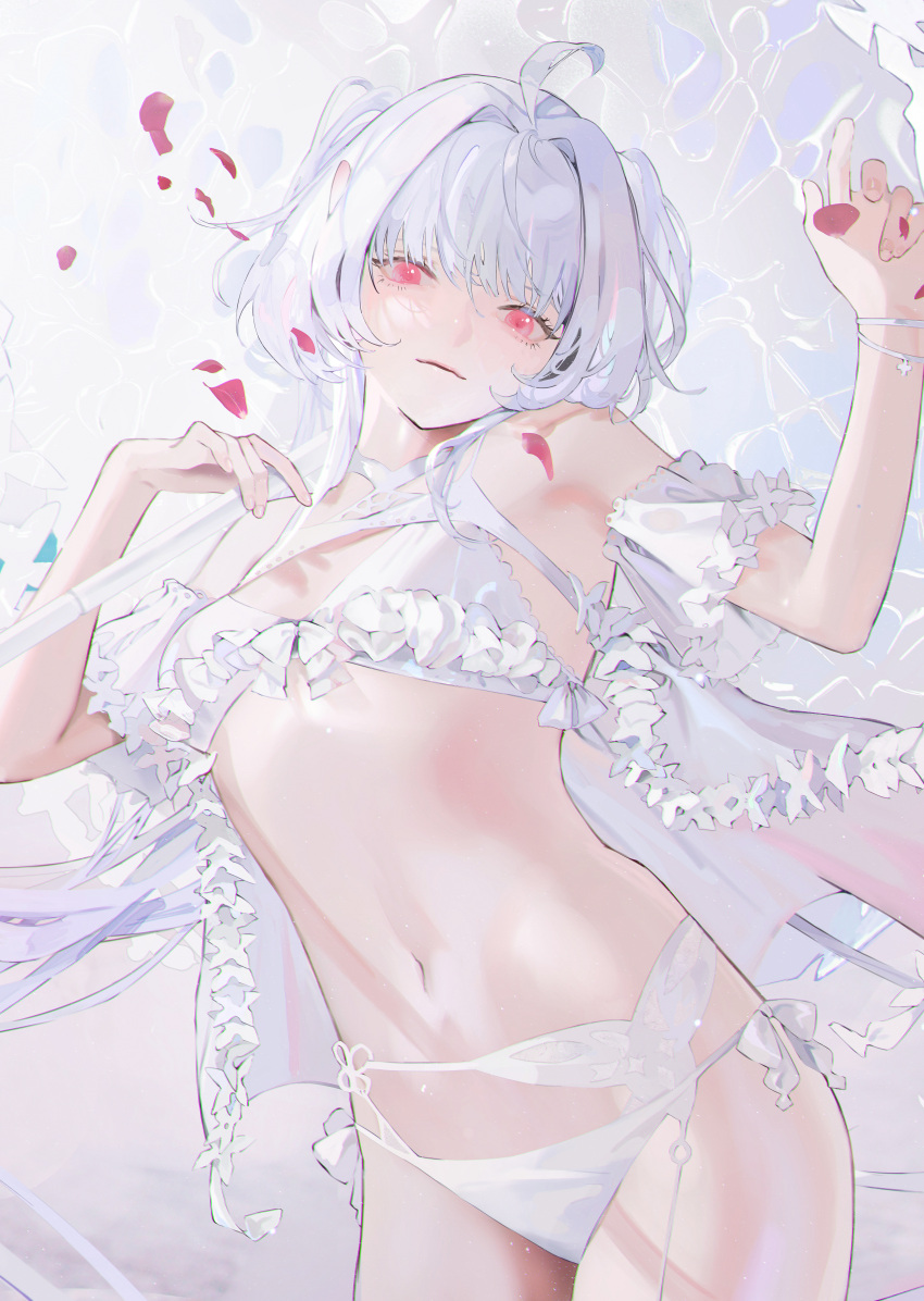 1girl absurdres ahoge armpits bare_shoulders bikini closed_mouth cowboy_shot falling_petals fate/grand_order fate_(series) flat_chest frilled_bikini frills hair_intakes hands_up highres index_finger_raised lady_avalon_(fate) lady_avalon_(second_ascension)_(fate) light_particles long_hair looking_at_viewer merlin_(fate/prototype) navel parai0 petals pink_eyes purple_background solo stomach swimsuit two-tone_background white_background white_bikini