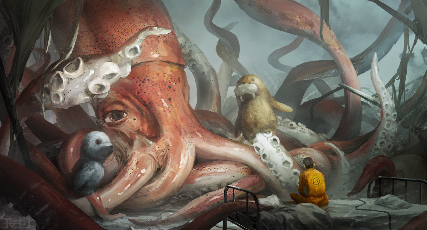 2021 absurd_res amamidori artist_name bed bedding black_hair blanket cephalopod clothing coleoid countershade_tentacles countershading d-0849 d-class decapodiform detailed digital_media_(artwork) digital_painting_(artwork) duo feral furniture giant_squid hair hand_puppet hi_res human inanimate_object japanese_text jumpsuit larger_feral larger_male male mammal mantle_(mollusk) marine mollusk orange_jumpsuit pillow pink_tentacles pinniped puppet red_body red_skin scp-4664 scp_foundation seal size_difference smaller_human smaller_male suckers tentacles text walrus white_body white_countershading white_suckers