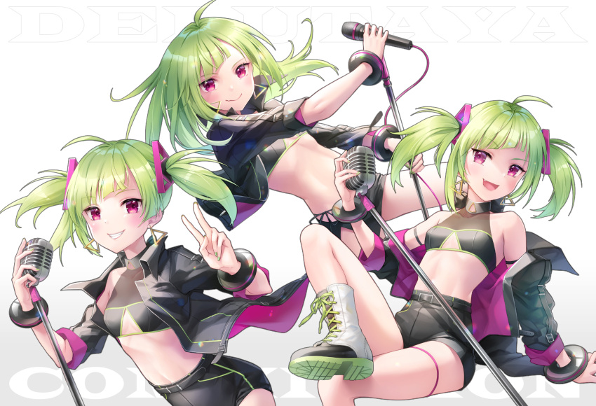 1girl :d ahoge arm_strap bare_shoulders black_choker black_jacket black_shirt black_shorts boots breasts chocofox choker cleavage_cutout closed_mouth clothing_cutout collarbone crop_top delutaya fang green_hair grin hair_down hair_ornament high-waist_shorts highres holding indie_virtual_youtuber jacket knee_up long_hair long_sleeves looking_at_viewer microphone microphone_stand midriff multiple_views navel off_shoulder open_clothes open_jacket open_mouth purple_eyes revealing_clothes shirt short_shorts shorts sitting sleeveless sleeveless_shirt small_breasts smile stomach thigh_strap thighs twintails v virtual_youtuber white_footwear