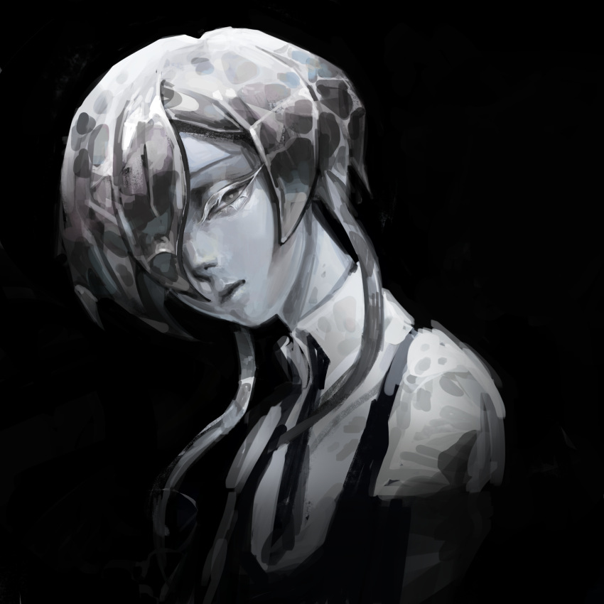 1other androgynous black_necktie closed_mouth crystal_hair eyelashes gem_uniform_(houseki_no_kuni) ghost_quartz_(houseki_no_kuni) hair_over_one_eye highres houseki_no_kuni looking_at_viewer looking_to_the_side mapomap0 monochrome necktie other_focus short_hair short_hair_with_long_locks simple_background solo upper_body