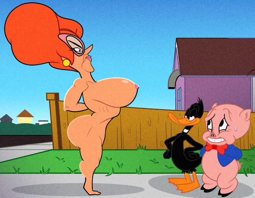 anatid anseriform anthro avian big_breasts big_butt bird breasts building butt colored daffy_duck domestic_pig duck ear_piercing ear_ring editokur999 female grass group hair hi_res house human inspection_lady looney_tunes looney_tunes_the_day_the_earth_blew_up male mammal nervous_smile outside piercing plant porky_pig red_hair ring_piercing screencap short_stack suid suina sus_(pig) third-party_edit trio warner_brothers