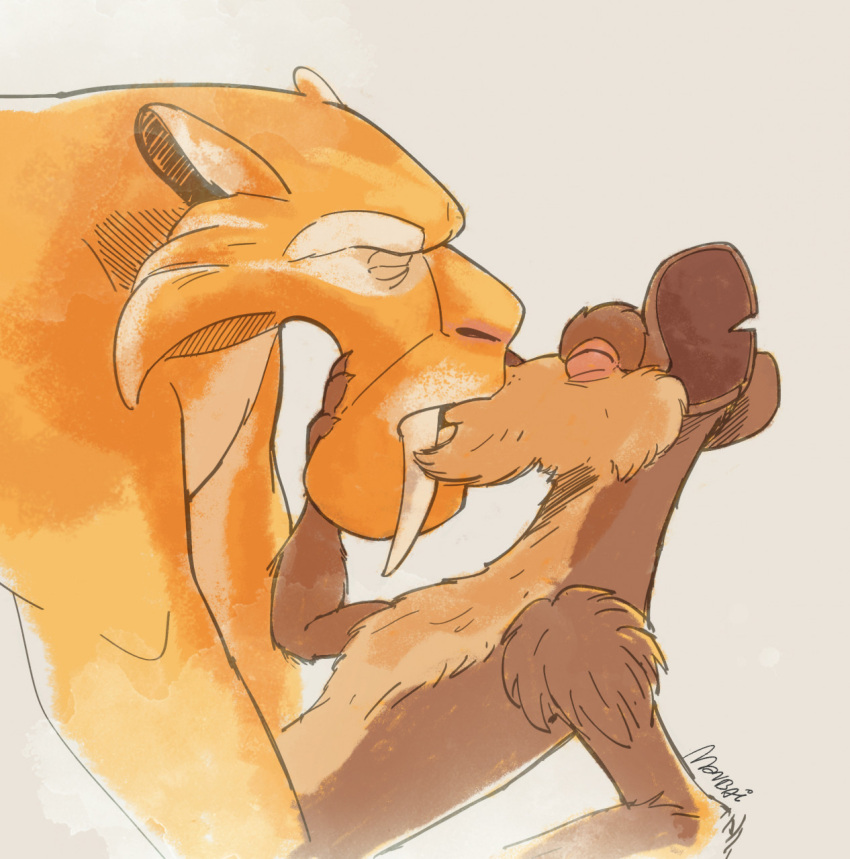anthro blue_sky_studios buck_(ice_age) cheek_tuft diego_(ice_age) duo eyes_closed facial_hair facial_tuft felid goatee hi_res holding_chin ice_age_(series) kissing larger_male_smaller_male lying male male/male mammal monbai mustelid musteline on_back saber-toothed_tiger simple_background size_difference true_musteline tuft weasel white_background