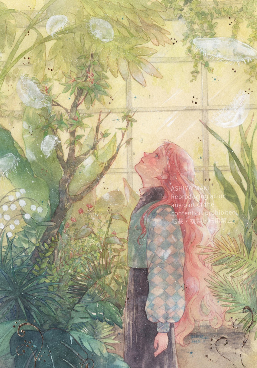 1girl aqua_shirt artist_name black_skirt blue_eyes checkered_clothes checkered_shirt closed_mouth flower greenhouse highres indoors jellyfish lily_of_the_valley long_hair long_sleeves looking_up original painting_(medium) pink_hair plant profile puffy_long_sleeves puffy_sleeves shiratama_anzu shirt shirt_tucked_in skirt solo standing traditional_media tree vegetation watercolor_(medium) watermark wavy_hair white_flower