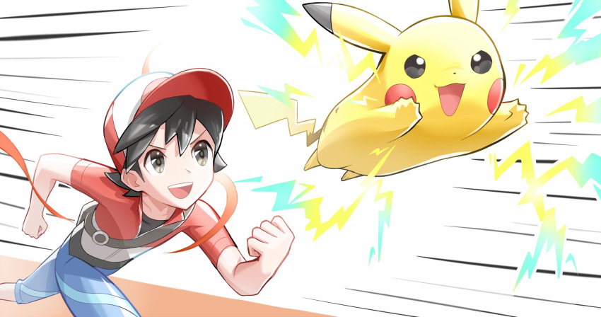 1boy :d black_hair black_shirt blue_pants capri_pants chase_(pokemon) clenched_hands ffccll grey_eyes hat highres jacket lightning_bolt_symbol looking_up male_focus open_mouth pants pikachu pokemon pokemon_lgpe red_jacket running shirt short_hair short_sleeves smile teeth upper_teeth_only white_background