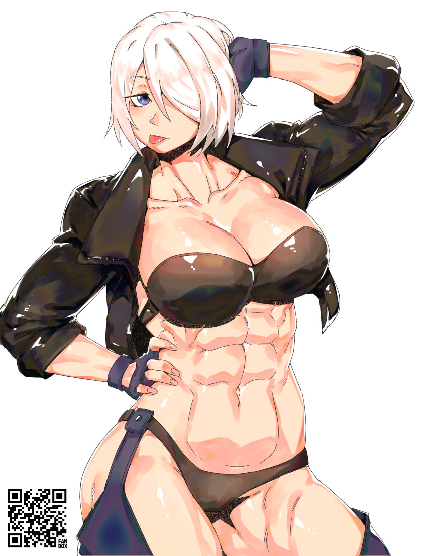 1girl abs absurdres alternate_muscle_size angel_(kof) backless_pants blue_eyes bra breasts chaps cleavage crop_top cropped_jacket fingerless_gloves gloves hair_over_one_eye highres jacket large_breasts leather leather_jacket looking_at_viewer midriff minew muscular muscular_female navel obliques panties pants short_hair simple_background snk solo strapless strapless_bra the_king_of_fighters the_king_of_fighters_xiv toned tongue tongue_out underwear white_background white_hair