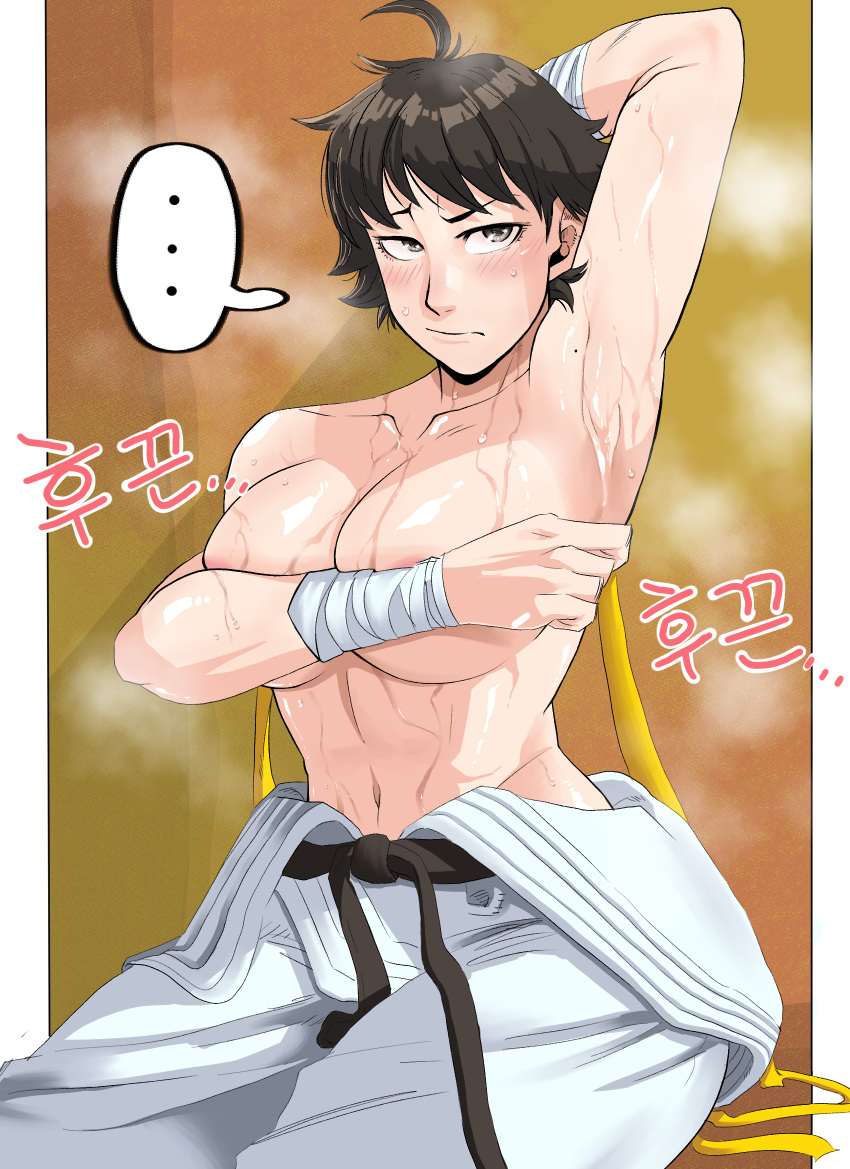... 1girl areola_slip arm_behind_head arm_up armpits belt black_belt black_hair blush breast_suppress breasts cleavage clothes_around_waist covering_nipples dougi grey_eyes highres large_breasts makoto_(street_fighter) martial_arts_belt mole mole_on_armpit navel presenting_armpit ribbon short_hair sitting solo spoken_ellipsis steaming_body street_fighter street_fighter_iii_(series) sweat tomboy toned topless very_sweaty won0225 wrist_wrap yellow_ribbon