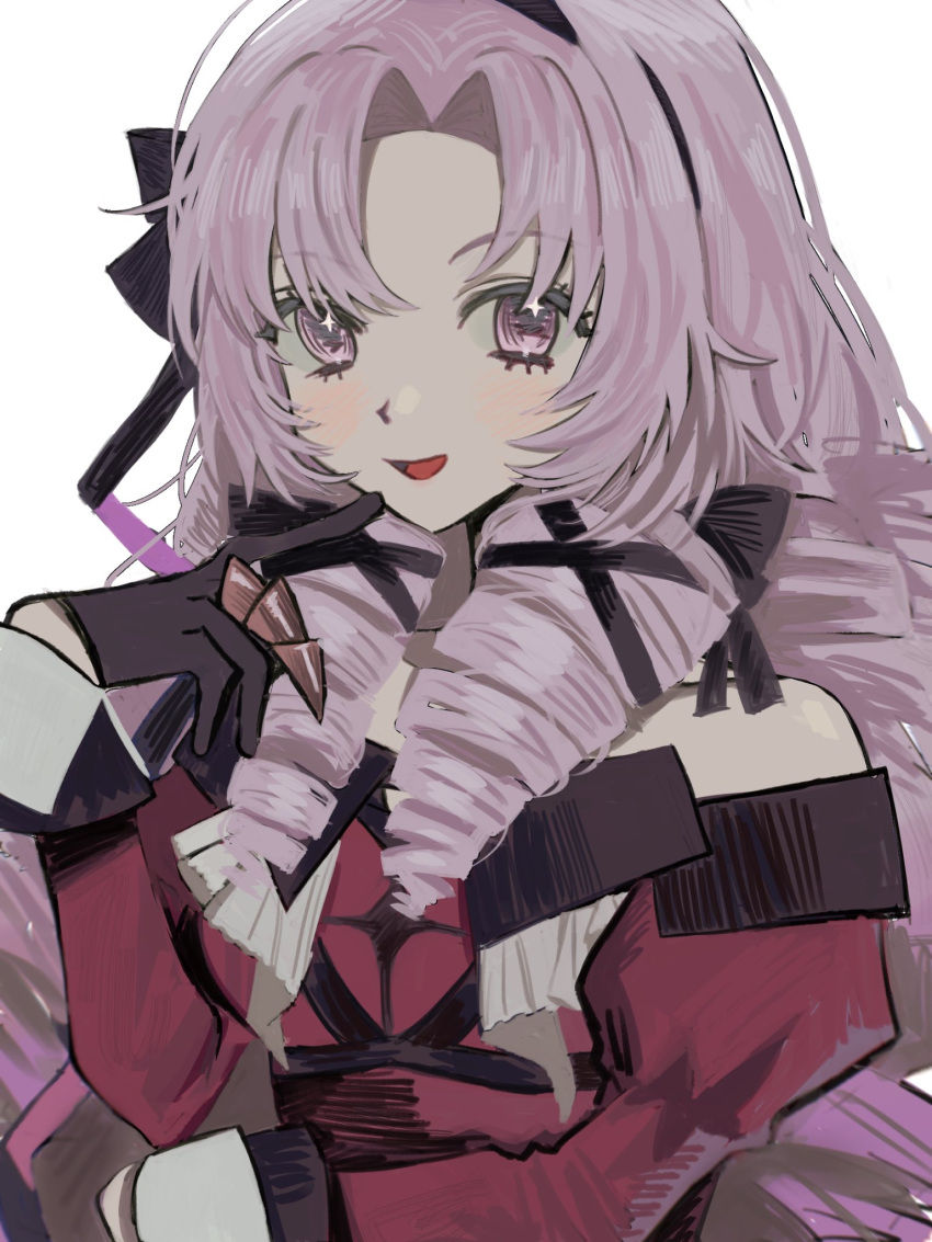 1girl bare_shoulders black_gloves black_ribbon blush claw_ring dress drill_hair finger_to_own_chin gloves hair_ribbon half_gloves highres hiyo_x0050x hyakumantenbara_salome hyakumantenbara_salome_(1st_costume) juliet_sleeves long_hair long_sleeves looking_at_viewer nijisanji open_mouth pink_eyes pink_hair puffy_sleeves red_dress ribbon smile solo sparkling_eyes virtual_youtuber white_background