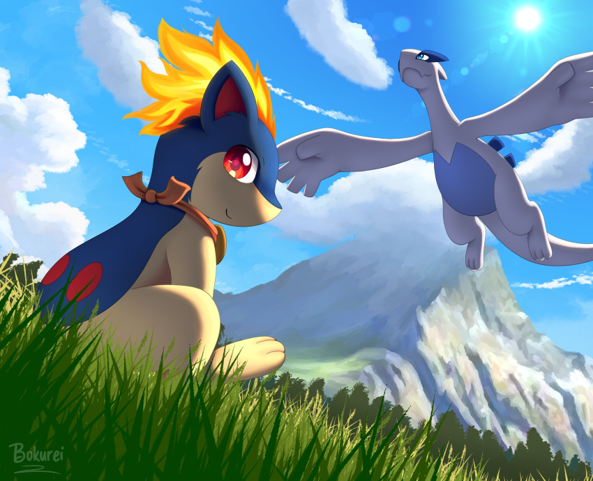 2021 absurd_res ambiguous_gender belly blue_eyes blue_sky bokurei cloud day detailed_background duo dutch_angle feral fire flaming_hair flying generation_2_pokemon glistening glistening_eyes grass hi_res kerchief legendary_pokemon lens_flare looking_at_viewer low-angle_view lugia luke_(bokurei) mountain neckerchief nintendo orange_kerchief orange_neckerchief outside plant pokemon pokemon_(species) pokemon_mystery_dungeon pseudo_hair quilava red_eyes redraw sitting sky smile sun worm's-eye_view