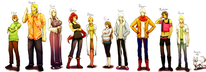 4girls 6+boys absurdres aged_up alphys annoying_dog asgore_dreemurr asriel_dreemurr beard black_footwear black_hair black_pants blonde_hair blue_eyes blue_jacket blue_sweater breasts brothers brown_hair brown_pants chara_(undertale) closed_labcoat commentary crossed_arms dog eyepatch facial_hair frazie202 frisk_(undertale) frown gloves green_eyes green_sweater grey_pants grin hair_over_one_eye hand_on_own_arm highres holding holding_knife hood hooded_jacket hoodie humanization jacket knife laboratory large_breasts long_hair long_sleeves medium_breasts mettaton multiple_boys multiple_girls navel pants papyrus_(undertale) ponytail red_eyes red_footwear red_gloves red_hair sans scarf shirt shoes short_hair shorts siblings slippers smile striped_clothes striped_shirt striped_sweater sweater thumbs_up toriel two-tone_sweater undertale undyne very_long_hair white_dog white_hair yellow_eyes