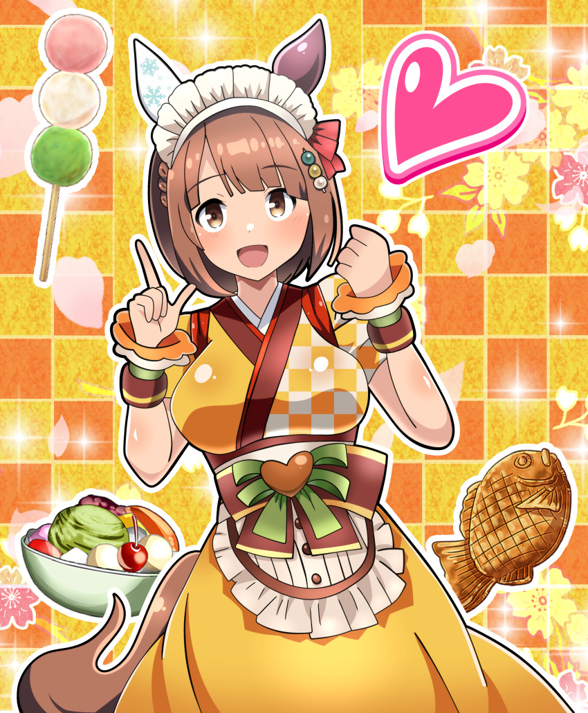 1girl absurdres alternate_costume animal_ears blush breasts brown_eyes brown_hair commentary_request dango food hair_ornament heart highres hositoki3129 looking_at_another looking_at_viewer maid maid_headdress medium_breasts solo sweets taiyaki umamusume valentine wa_maid wagashi yukino_bijin_(umamusume)