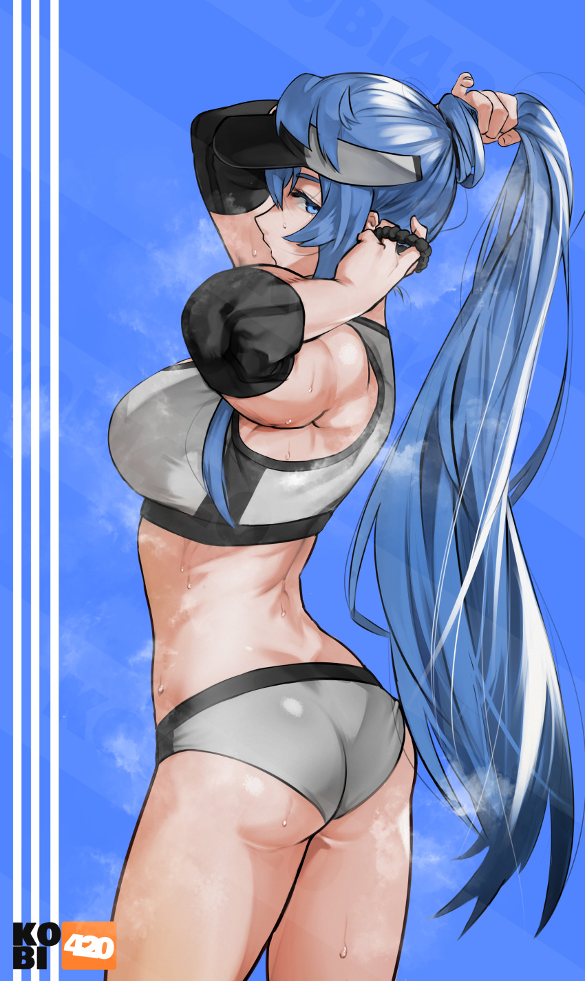 1girl absurdres akame_ga_kill! artist_name ass bangs blue_background blue_eyes blue_hair breasts breath buruma cowboy_shot elbow_pads esdeath from_side hair_tie highres holding holding_hair kobi420 long_hair looking_at_viewer profile scrunchie solo sports_bra sportswear steaming_body sweat tying_hair very_long_hair visor_cap