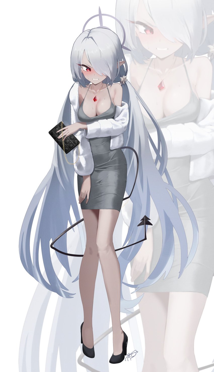 1girl absurdres alternate_costume bag black_footwear black_tail blue_archive blush breasts cleavage collarbone dan_nako dark-skinned_female dark_skin demon_tail dongtan_dress dress full_body grey_dress grey_hair grey_halo hair_over_one_eye halo high_heels highres holding holding_bag iori_(blue_archive) jewelry large_breasts long_hair long_sleeves meme_attire open_mouth pendant pointy_ears red_eyes signature simple_background solo tail very_long_hair white_background