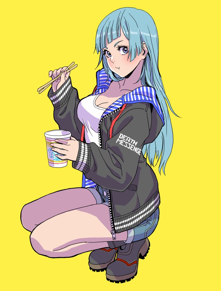 1girl absurdres alternate_costume bangs blue_eyes blue_hair blunt_bangs blush breasts chopsticks cleavage closed_mouth commentary_request cup cup_ramen denim denim_shorts eating food food_in_mouth full_body highres holding holding_chopsticks holding_cup holding_food jacket jujutsu_kaisen light_blue_hair long_hair looking_at_viewer medium_breasts miwa_kasumi shirt shoes shorts simple_background solo squatting straight_hair white_shirt yamashita_shun'ya yellow_background