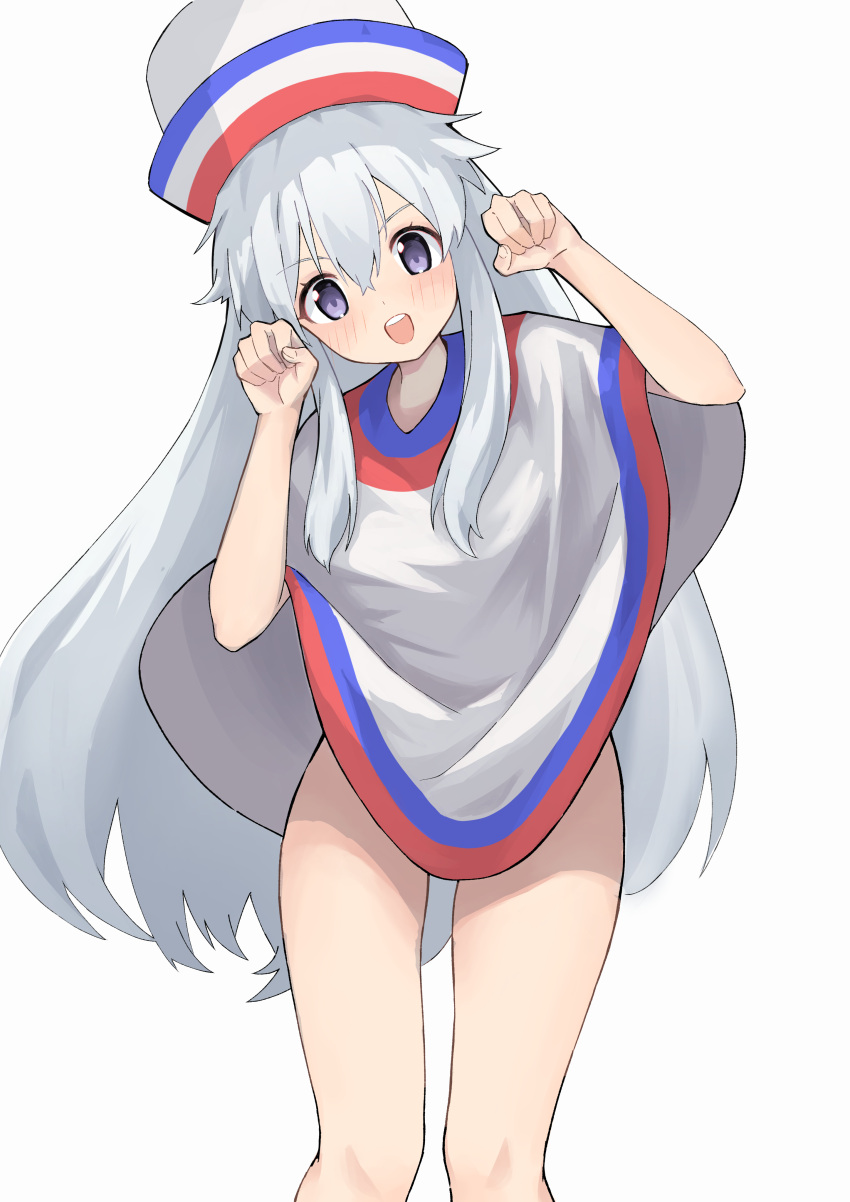 1girl absurdres blue_eyes blush bottomless dancing hakata-san hakata_no_shio hat highres long_hair open_mouth paw_pose personification poncho shiu_kyu simple_background smile solo sombrero very_long_hair white_background white_hair