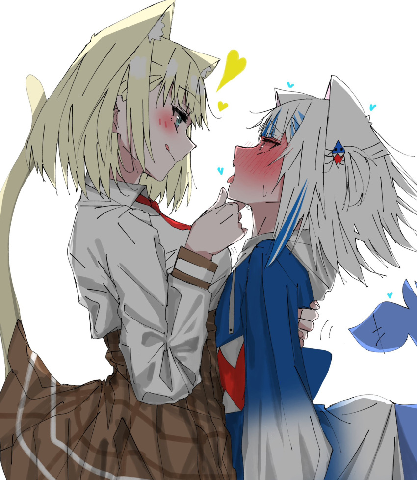 2girls after_kiss animal_ears animal_hood black_eyeliner blonde_hair blue_eyes blue_hair blue_hoodie blunt_bangs blush bob_cut breast_press breasts carrot_011 cat_ears cat_girl eyelashes eyeliner fins fish_tail gawr_gura grabbing_another's_chin grey_hair hair_between_eyes hand_on_another's_chin heart highres hololive hololive_english hood hoodie hug large_breasts licking_lips light_smile long_sleeves makeup multicolored_hair multiple_girls necktie one_side_up open_mouth plaid plaid_skirt pleated_skirt red_necktie shark_girl shark_hood shark_print shark_tail shirt short_hair short_sleeves sidelocks skirt smile streaked_hair tail tongue tongue_out torogao virtual_youtuber watson_amelia white_hair yuri