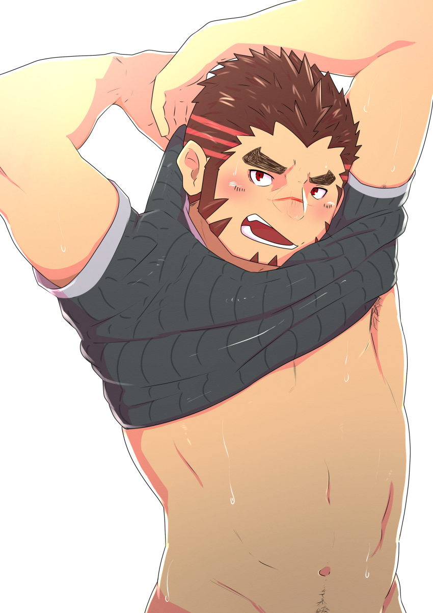 1boy absurdres akashi_(live_a_hero) alternate_muscle_size bara bottomless bulge clothes_lift dotsu_(wtnbkwiyd) facial_hair goatee highres hot lifted_by_self live_a_hero long_sideburns male_focus open_mouth pectorals red_eyes red_hair scar scar_on_face scar_on_nose shirt_lift short_hair sideburns solo sparse_navel_hair sweat thick_eyebrows toned toned_male underpec undressing upper_body