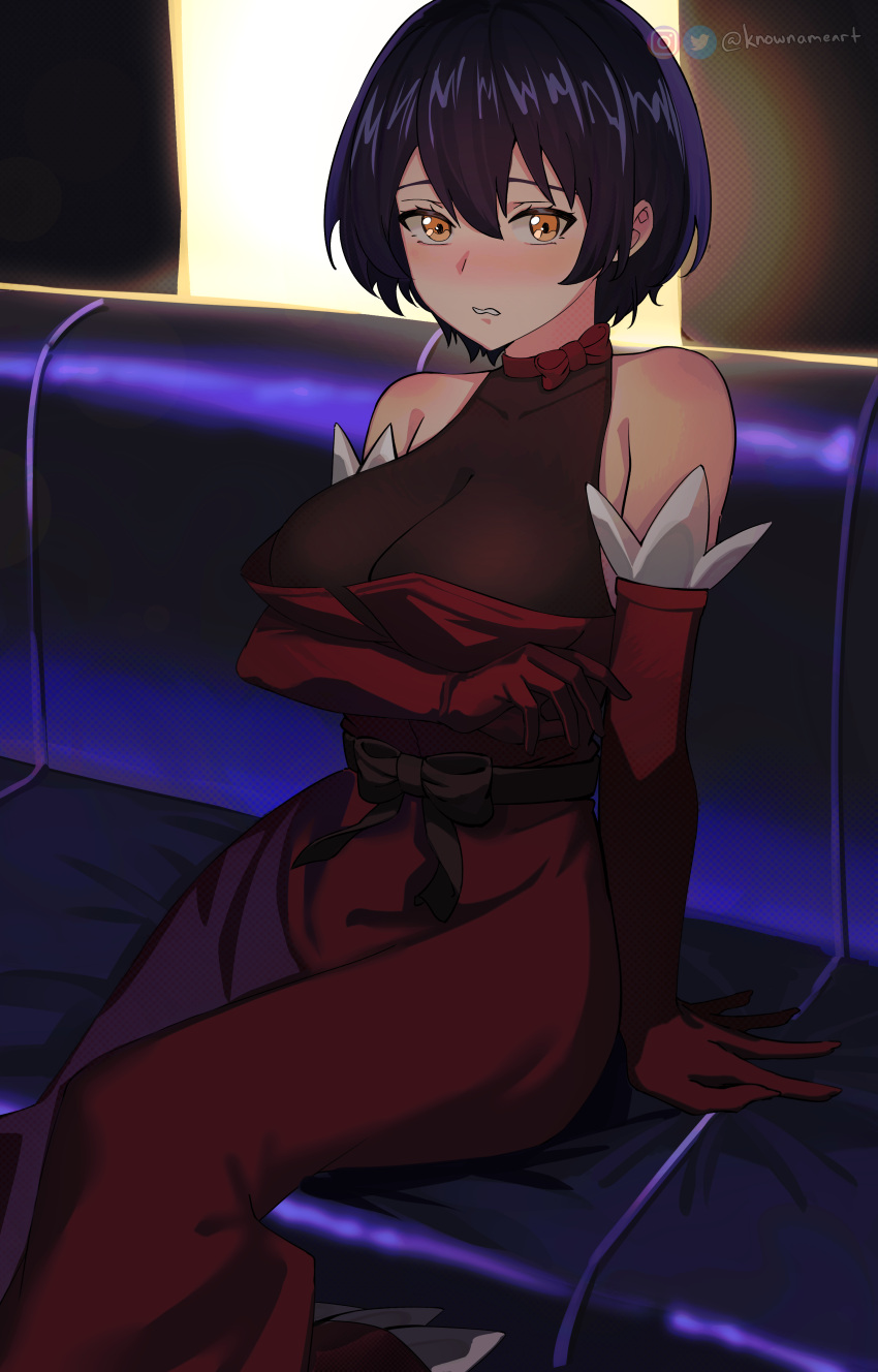 1girl absurdres bare_shoulders black_hair blush bob_cut bow breasts brown_eyes chair couch dress halterneck highres instagram_logo instagram_username izumo_fuuko knownameart large_breasts looking_at_viewer on_couch pointy_ears rainbow red_dress short_hair sitting solo twitter_logo twitter_username undead_unluck