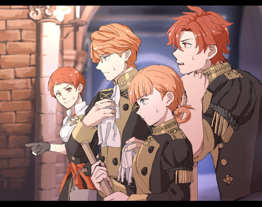 2boys 2girls annette_fantine_dominic cleaning ferdinand_von_aegir fire_emblem fire_emblem:_three_houses garreg_mach_monastery_uniform gloves highres leonie_pinelli looking_at_viewer looking_to_the_side multiple_boys multiple_girls orange_hair pointing pointing_to_the_side red_hair reraraerimaki sweatdrop sylvain_jose_gautier white_gloves