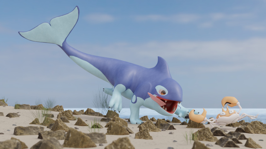 3d_(artwork) ambiguous_gender arthropod blender_(software) blue_body canid canine cetacean crab crustacean decapoda digital_media_(artwork) dolphin dorsal_fin doublestuffed duo feral fin generation_1_pokemon hi_res krabby malacostracan male mammal marine multicolored_body nintendo oceanic_dolphin orca orcane outside pokemon pokemon_(species) rivals_of_aether tongue tongue_out toothed_whale