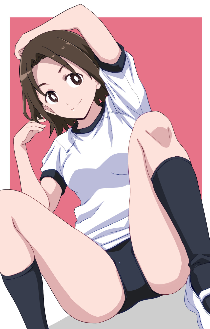 1girl absurdres arm_up black_buruma black_socks bright_pupils brown_eyes brown_hair buruma closed_mouth commentary dutch_angle girls_und_panzer gym_shirt gym_uniform hand_on_own_head highres looking_at_viewer parted_bangs pink_background ponzu_rui sawa_azusa shirt shoes short_hair short_sleeves sitting smile socks solo t-shirt uwabaki white_pupils white_shirt