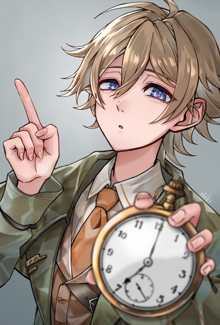 1boy :o artist_name blue_eyes blurry blurry_foreground brown_hair brown_vest clock coat collared_shirt grey_background grey_coat hair_between_eyes hands_up highres holding_clock index_finger_raised looking_at_viewer necktie oliver_fog orange_necktie outstretched_hand pocket_watch reverse:1999 shiki_(lvpsa4qi1zrtzkq) shirt short_hair signature solo upper_body vest waistcoat watch white_shirt